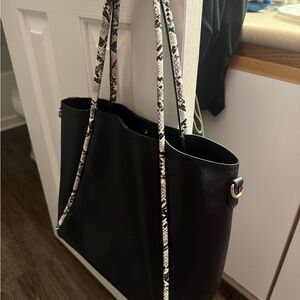 Black Tote Bag with Chain Straps and Textured Material